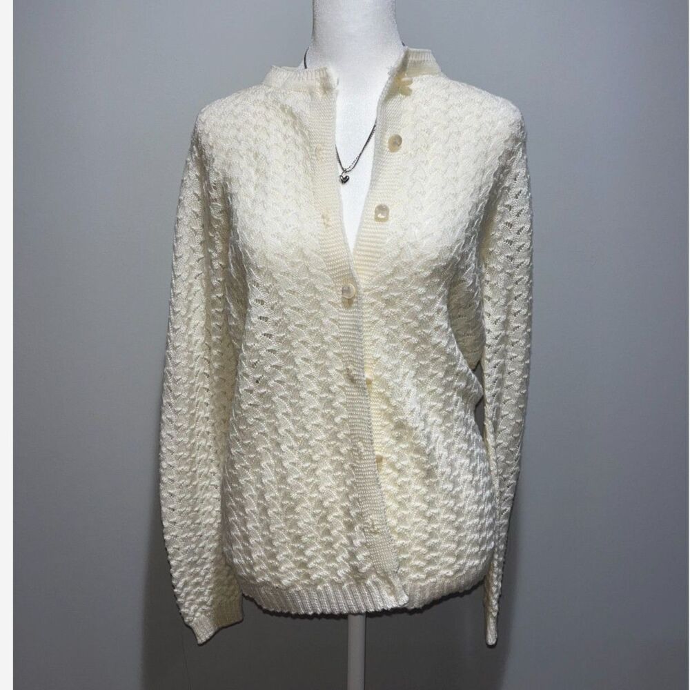 Vtg Cream Eyelet Knit Crew Cardigan